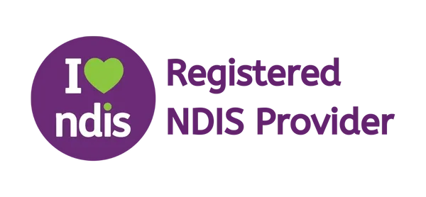 Logo with a purple circle containing the text "I" and a green heart, followed by "ndis"; next to it, purple text says "Registered NDIS Provider."