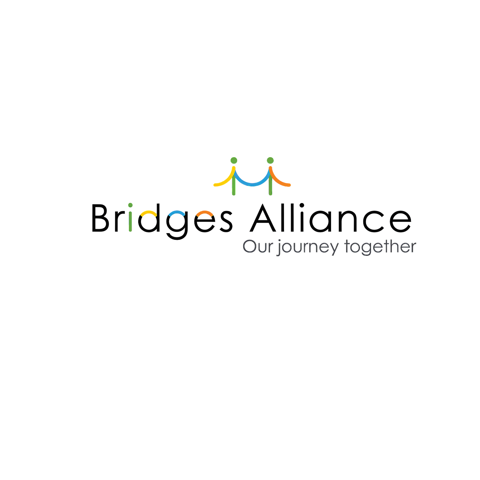 Logo for Bridges Alliance featuring two stylized human figures holding a multi-colored bridge, with the text "Bridges Alliance" and the tagline "Our journey together".