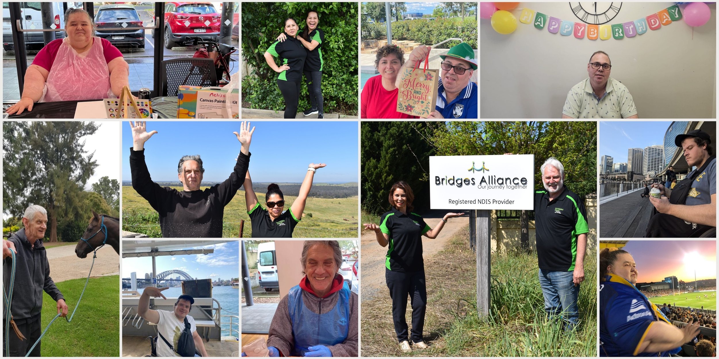 Collage of people engaging in various activities: a woman sitting at a table with arts and crafts supplies, two women standing outdoors, a man with a humorous birthday gift, a man playing a musical instrument, a woman with a horse, a man on a ferry, a woman smiling outdoors, individuals at a sports event, and people holding signs for Bridges Alliance, celebrating a birthday, and cultural events.